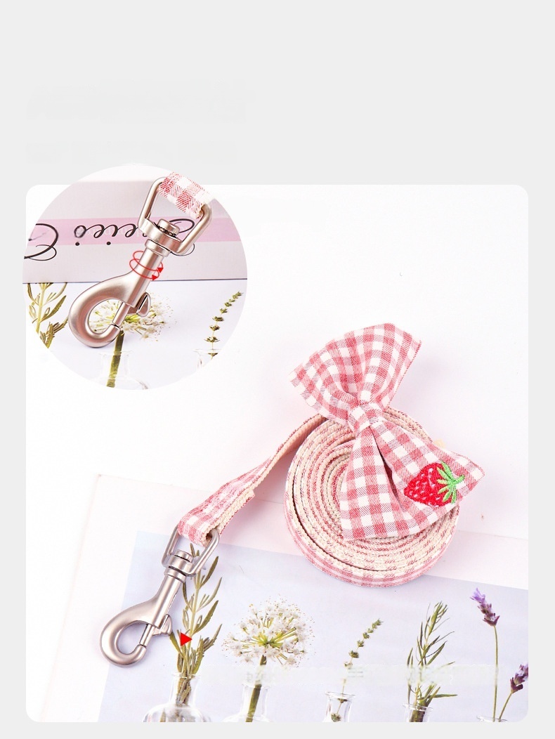 Pink Gingham Dog Harness with Strawberry Detail and Matching Leash